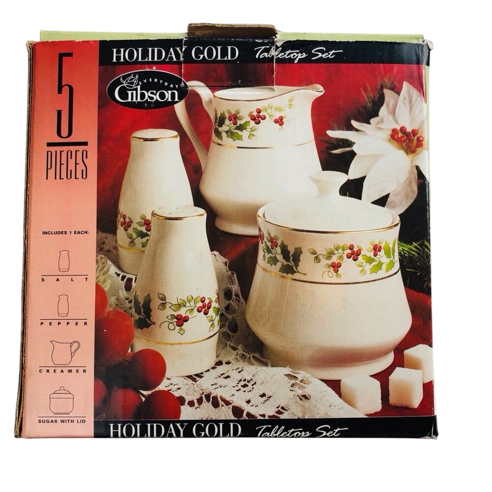 NIB Everyday Gibson Holiday Gold Table Top Set Salt Pepper Creamer Sugar